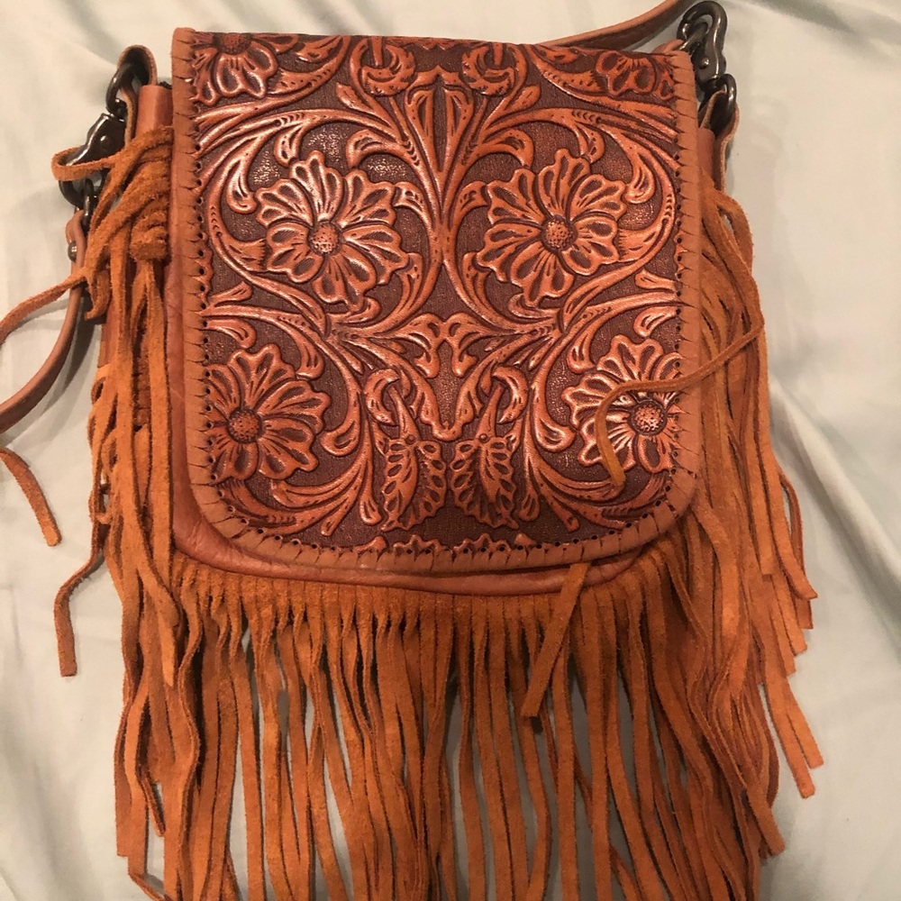 Montana West Leather Tooled Crossbody with Fringe